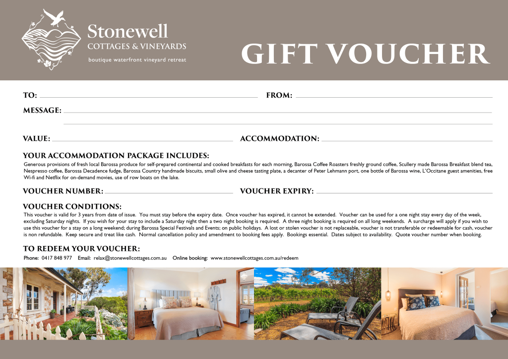 Stonewell Cottages Vineyards Gift Voucher With Value Field
