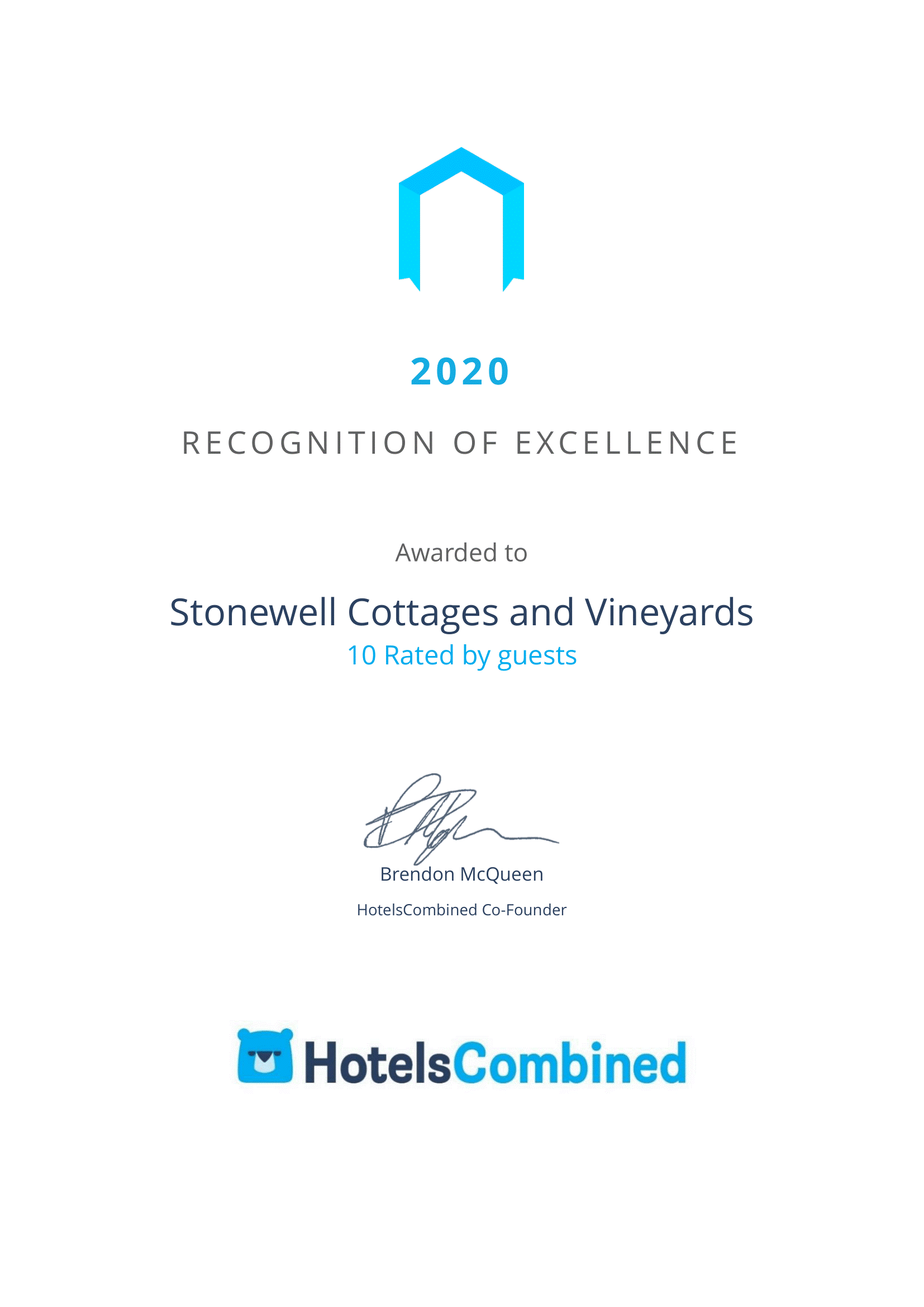 Recognition of Excellence Award Stonewell Cottages & Vineyards